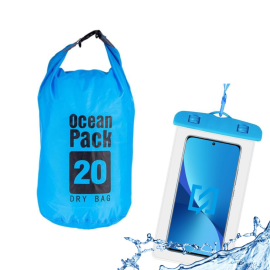 STOCK Borsa a Tracolla Impermeabile 20 lt + Custodia Waterproof Azzurro per Smartphone fino a 6.5”