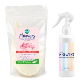 PROFUMA BUCATO E AMBIENTE IN POLVERE ECOLOGICO FLOWERS PEPE ROSA E PATCHOULI 200 GR +SPRUZZINO VUOTO