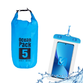 STOCK Borsa a Tracolla Impermeabile 5 litri + Custodia Waterproof Azzurro per Smartphone fino a 6.5”