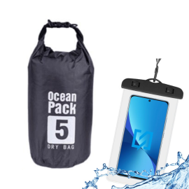 STOCK Borsa a Tracolla Impermeabile 5 lt + Custodia Waterproof Nero per Smartphone fino a 6.5”