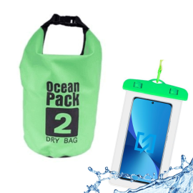 STOCK Borsa a Tracolla Impermeabile 2 litri + Custodia Waterproof Verde per Smartphone fino a 6.5”