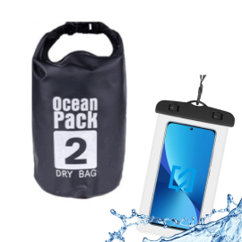 STOCK Borsa a Tracolla Impermeabile 2 litri + Custodia Waterproof Nero per Smartphone fino a 6.5”