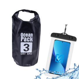 STOCK Borsa a Tracolla Impermeabile 3 litri + Custodia Waterproof Nero per Smartphone fino a 6.5”