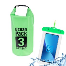 STOCK Borsa a Tracolla Impermeabile 3 litri + Custodia Waterproof Verde per Smartphone fino a 6.5”