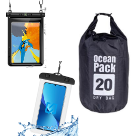 STOCK Borsa Impermeabile 20 litri + Custodia Waterproof Nero per Smartphone fino a 6.5” e Tablet 10”