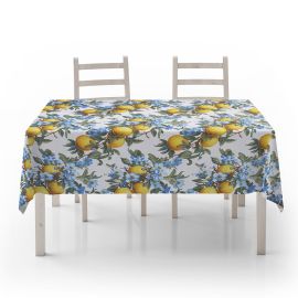 Tovaglia Copritavolo in Cotone a Fantasia Limoni e Fiori Celeste, Coprimacchia Arredo Casa