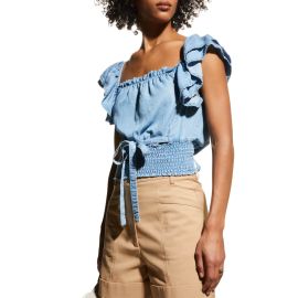 PINKO Noiosa Denim Flutter Sleeve Crop Top