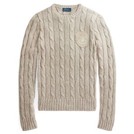 Pullover Ralph Lauren Maglione Donna Trecce Girocollo In Cotone Beige Melange