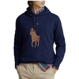 Polo Ralph Lauren Felpa Uomo Big Pony In Pelle Felpa Blu Scuro Maxi Logo Con Cappuccio	