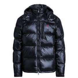 Polo Ralph Lauren Piumino Uomo Gorham Lucido Blu Giubbotto Con Cappuccio E Zip Pony Rosso Ricamato
