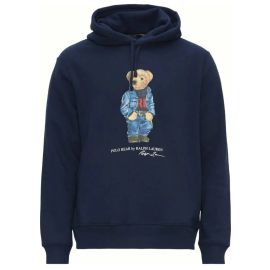 Polo Ralph Lauren Felpa Uomo Blu In Cotone Con Cappuccio E Polo Bear Stampato Sul Petto
