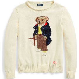 Polo Ralph Lauren Maglione Donna Pull Bear In Cotone Bianco Crema Orsetto E Logo Rl Ricamati