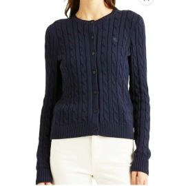 Ralph Lauren Cardigan Trecce Donna 100% Cotone Maglione Pullover Con Bottoni Logo Rl Ricamato