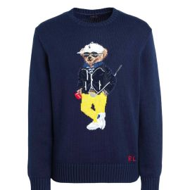 Polo Ralph Lauren Maglione Uomo Polo Bear Cotton-Blend Blu Sweater Maglione Girocollo Orsetto Ricama
