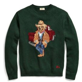 Polo Ralph Lauren Maglione Polo Bear Uomo Verde Orsetto Ricamato Girocollo A Coste 100% Cotone