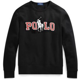 Ralph Lauren Felpa Uomo Nera Maxi Logo Polo Big Pony Girocollo Felpa Tinta Unita Nera Scritta Rossa	