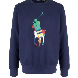 Ralph Lauren Maglione Blu Girocollo Stampa Big Pony Multicolor Felpa Senza Cappuccio Polsini e Fondo